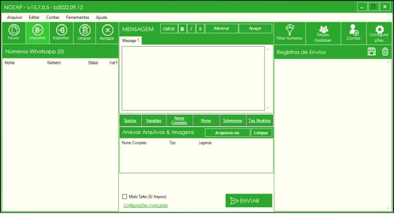 Dashboard do software NOZAP em uso real, mostrando painel de controle com envios agendados e filtro de contatos ativos.