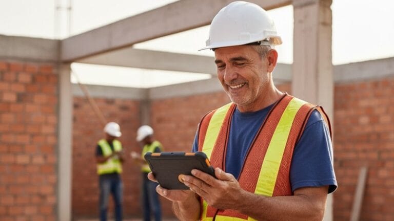 Pedreiro experiente conferindo orçamento em obra residencial brasileira, com planilha de valores impressa ao lado, sorrindo com confiança com a Tabela de Obra.