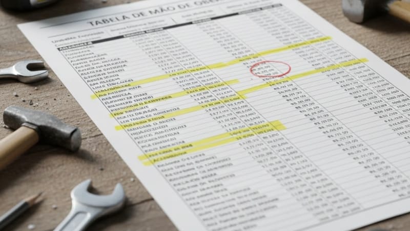 Close-up de planilha impressa "Tabela de Mão de Obra" com mais de 300 itens, sobre bancada de obra com martelo e trena, mostrando organização profissional da Tabela de Obra.